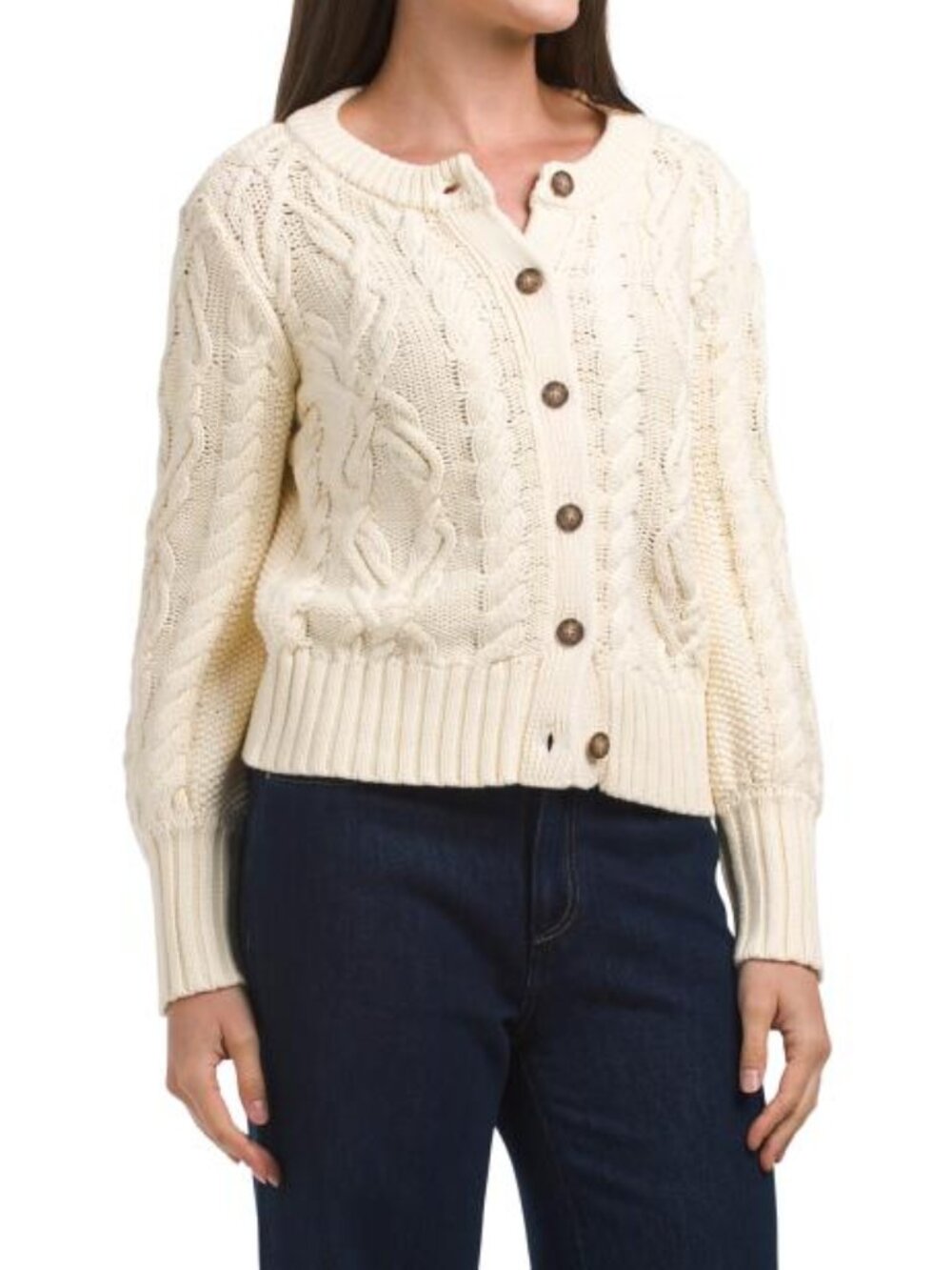 MAGASCHONI Long Sleeve Crew Neck Mixed Cable Button Up Cardigan
